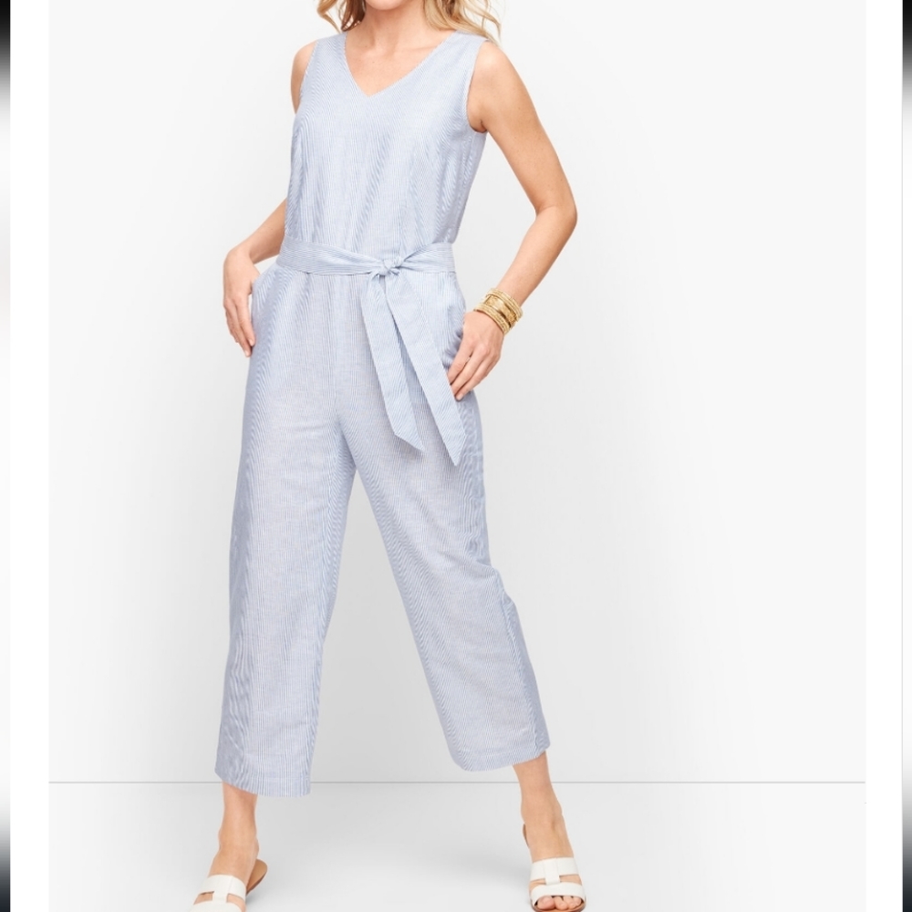 Talbots sz10 linen cotton blend  vertical  stripes crop jumpsuit coastal…